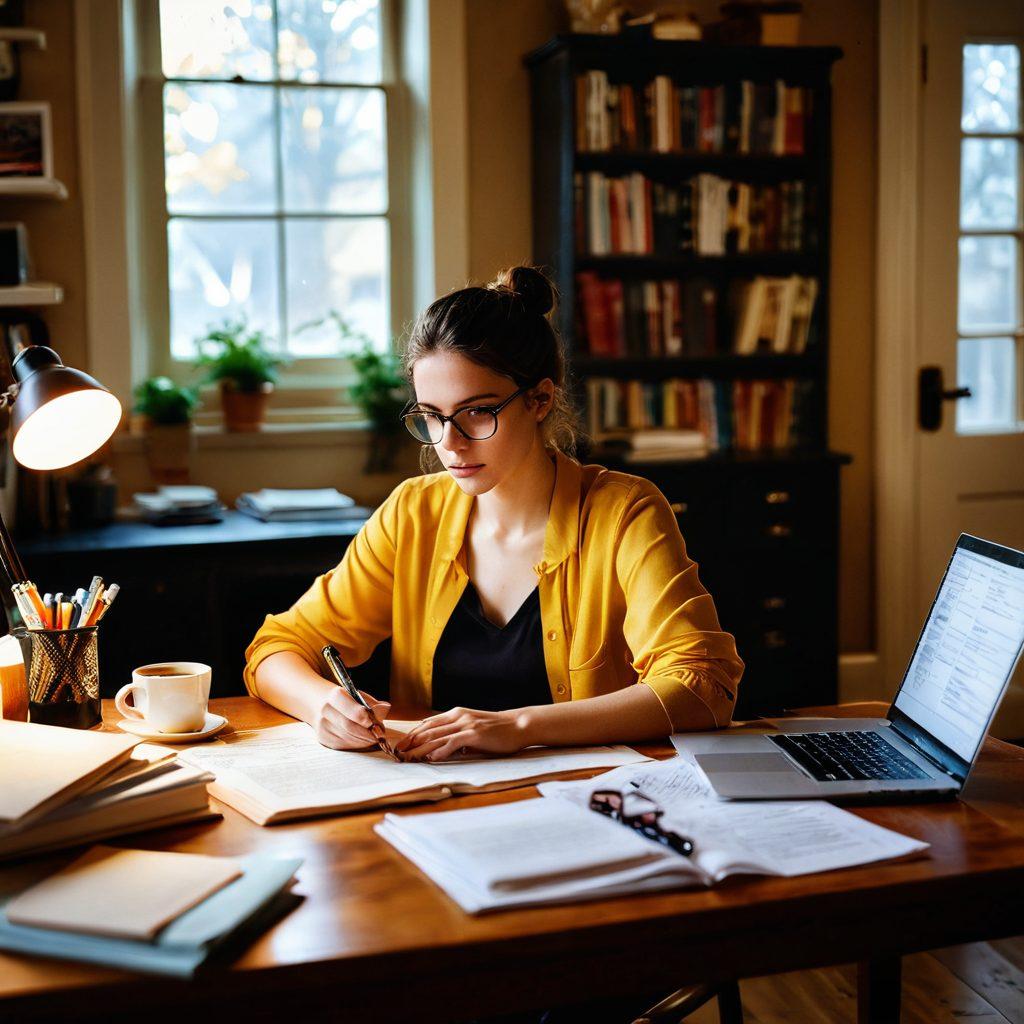 A thoughtful writer at a desk surrounded by scattered papers and open books, immersed in creating engaging adult content. Soft light illuminates their focused expression, while a laptop displays vibrant graphics of writing tips. Include decorative elements like pens, coffee mugs, and thought bubbles with content ideas. This scene captures the balance of creativity and responsibility in writing. super-realistic. warm colors. cozy ambiance.