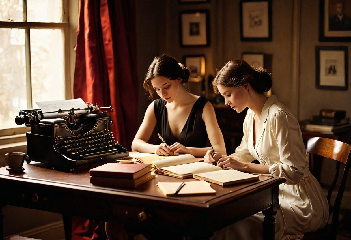 A tantalizing, intimate scene featuring an elegantly designed writing desk surrounded by soft, romantic lighting. Open notebooks filled with handwritten sensual stories lie scattered alongside a vintage typewriter, complemented by an alluring, silky fabric draping over the edge. Silhouettes of couples in passionate poses softly blend into the background, invoking a sense of desire and creativity. The color palette should be rich and warm, emphasizing deep reds, golds, and blacks. super-realistic. vibrant colors. soft focus.